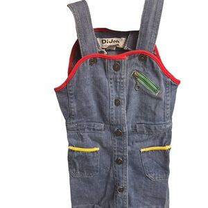 Girls' Blue Denim Pinafore Dress with Red Trim